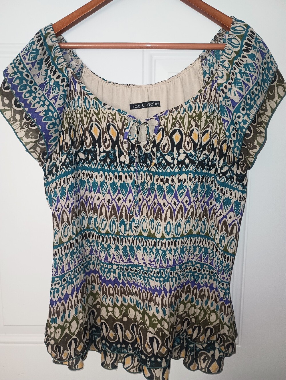 Zac & Rachel Teal Purple Olive Printed Scoop Neck Blouse